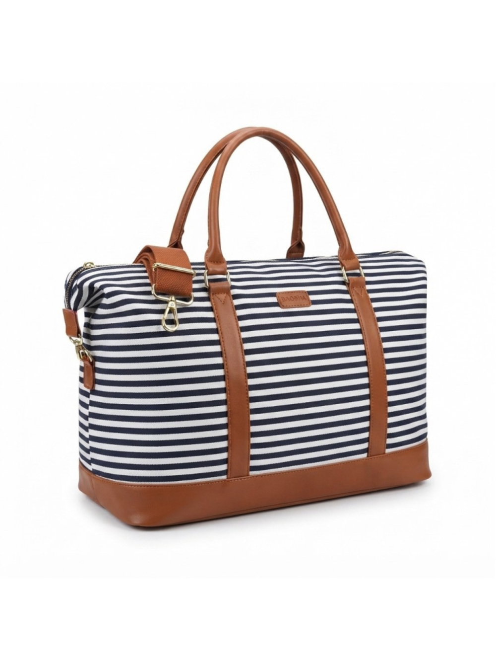 Baosha Weekender Bag Overnight Travel Tote Navy Blue White Striped Faux Leather